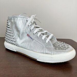 NEW Superga Sneakers Unisex Adults Silver Studded High Top Lace Up Shoes